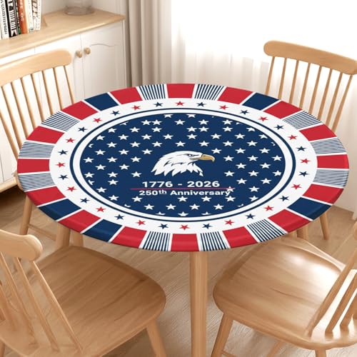 4th of July Round Fitted Tablecloth with Elastic Patriotic Independence Memorial Day Circle Table Cloth for 40-44" Tables American Stripes Stars Wipeable Washable Table Cover for Outdoor Party Dining by Guyperatic - Used condition - Image 2
