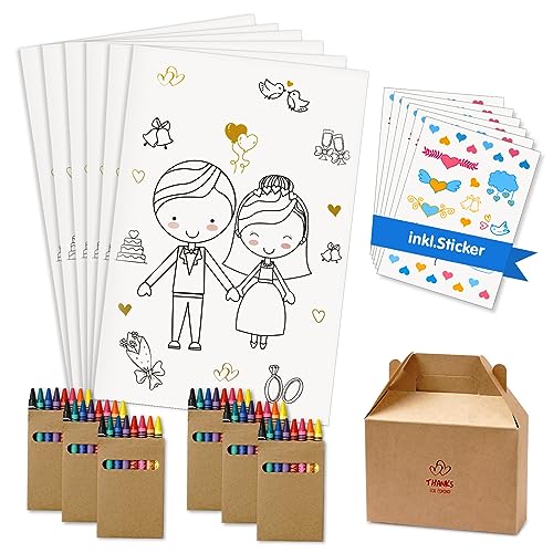 Livro para colorir para casamentos, conjunto de 6 unidades livro de desenho casamento para crianças, livro para colorir de casamento para crianças com autocolantes e lápis de cera, presente para