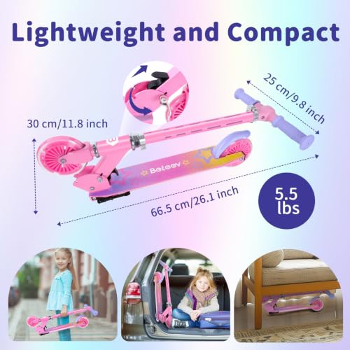 BELEEV V3 Scooters for Kids with Light-Up Stem & Deck & Wheels, 2 Wheel Folding Scooter Ages 3-12, 4 Adjustable Height, Non-Slip Pattern Deck, Lightweight Kick Scooter with Kickstand (Pink Purple) by BELEEV - Used condition - Image 6
