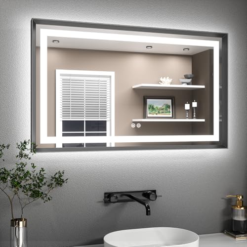 (-15%) TETOTE Badspiegel mit Beleuchtung Schwarz Metallrahmen 100x60cm, Badezimmerspiegel Beleuchtet Beschlagfrei Wandspiegel Led Bad Spiegel mit Touch-Schalter, 3 Lichtfarben Dimmbar Speicherfunktion