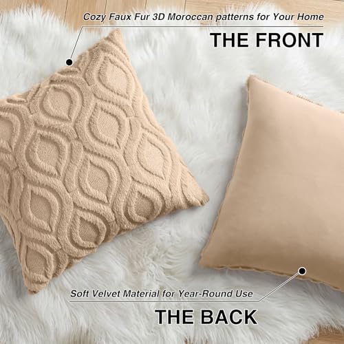 Image of decorUhome Fall Throw Pillow Covers 18x18 Inch Set of 2, Soft Plush Faux Wool Light Khaki Solid Couch Pillow Covers, Accent Farmhouse Neutral Square Pillow Cases for Sofa Bed Living Room