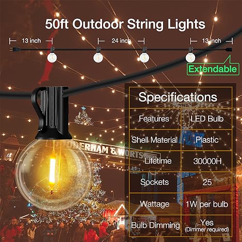 Daybetter 50Ft Outdoor String Lights Waterproof,Patio Lights With 25 Shatterproof Dimmable Led Edison Bulbs(+1 Spare),Connectable G40 Globe String Lights For Outside,Christmas Light For Yard Porch thumb #4