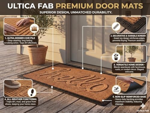 Image of Heavy Duty Front Door Mat 2x3 Feet, Outdoor Indoor Welcome Mat, Non Slip Dirt Trapper Entrance Rug for Entryway, Patio & Porch,Washable Low Profile Hello Mat (Coffee Hello 2 x 3 Feet)
