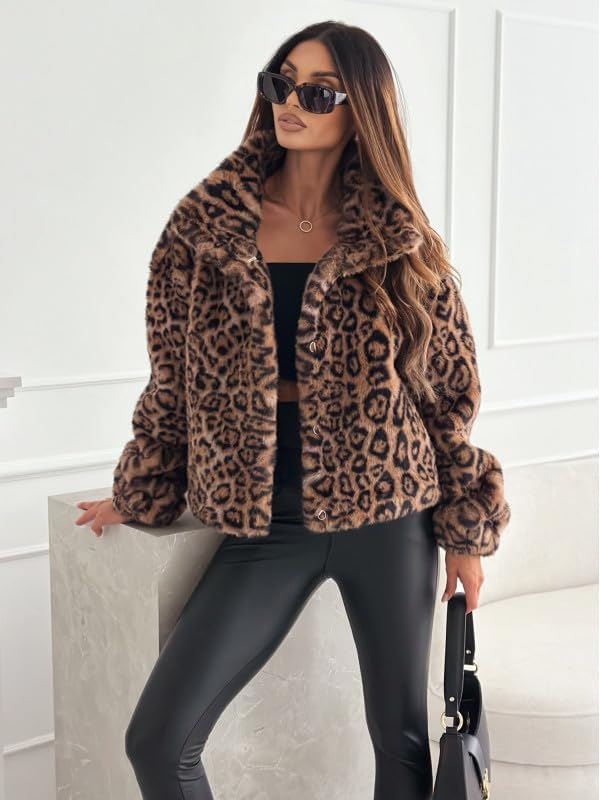 Women’s Leopard Print Faux Fur Coat – Thick Cheetah Warm Sherpa Collar Button Short Jacket Fall Winter Outerwear - Image 7