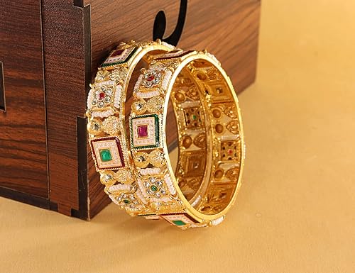 Image of NMII Gold Metal Bangles Rajwadi Style Kangan Set For Women & Girls With Zircon Diamond & Pearls | Traditional Girl's Bangles Bracelet | Kada For Women Trendy | Wedding, Party, Daily- Set Of 2
