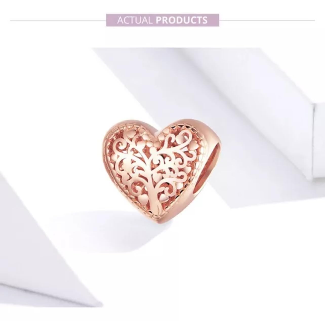 FLXHHX Abalorio de corazón de Amor con árbol genealógico de la Vida en Oro Rosa, Plata de Ley 925 auténtica, Compatible con Pulsera