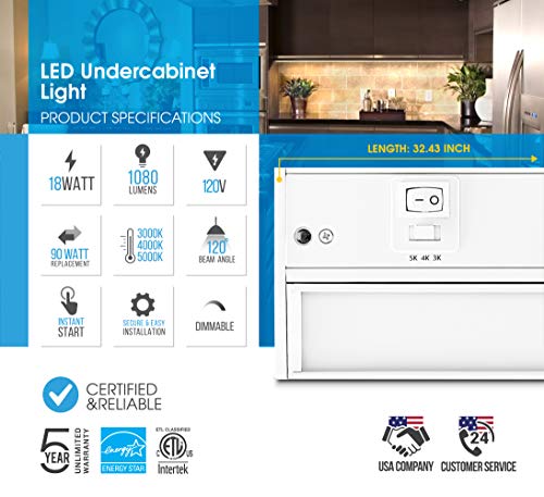 PARMIDA LED Swivel Under Cabinet Light (Adjustable Lens Angle), Hardwired or Plug-in, 32 Inch, 18W, 1080lm, Dimmable, Linkable, 3-in-1 Color Levels, On/Off Switch Included, ETL & ENERGY STAR, 120V