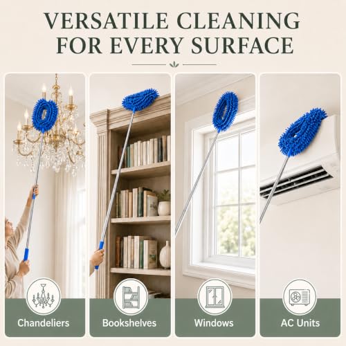Image of Fan Cleaner Brush with Long Rod Telescopic Cleaning Mop Microfiber Dust Cleaner Foldable Duster for Home Cleaning Microfiber Duster for Cleaning of Home Kitchen Car Ceiling (Blue-Dense Chenille Fiber)