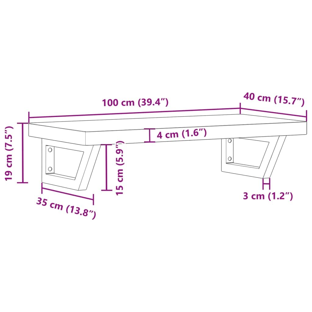 Scaffale per lavandino, montaggio a parete, in acciaio e legno di acacia massiccio, 100 x 40 cm, con supporti trapezoidali per bagno, salvaspazio, robusto, spazio per riporre e tenere in