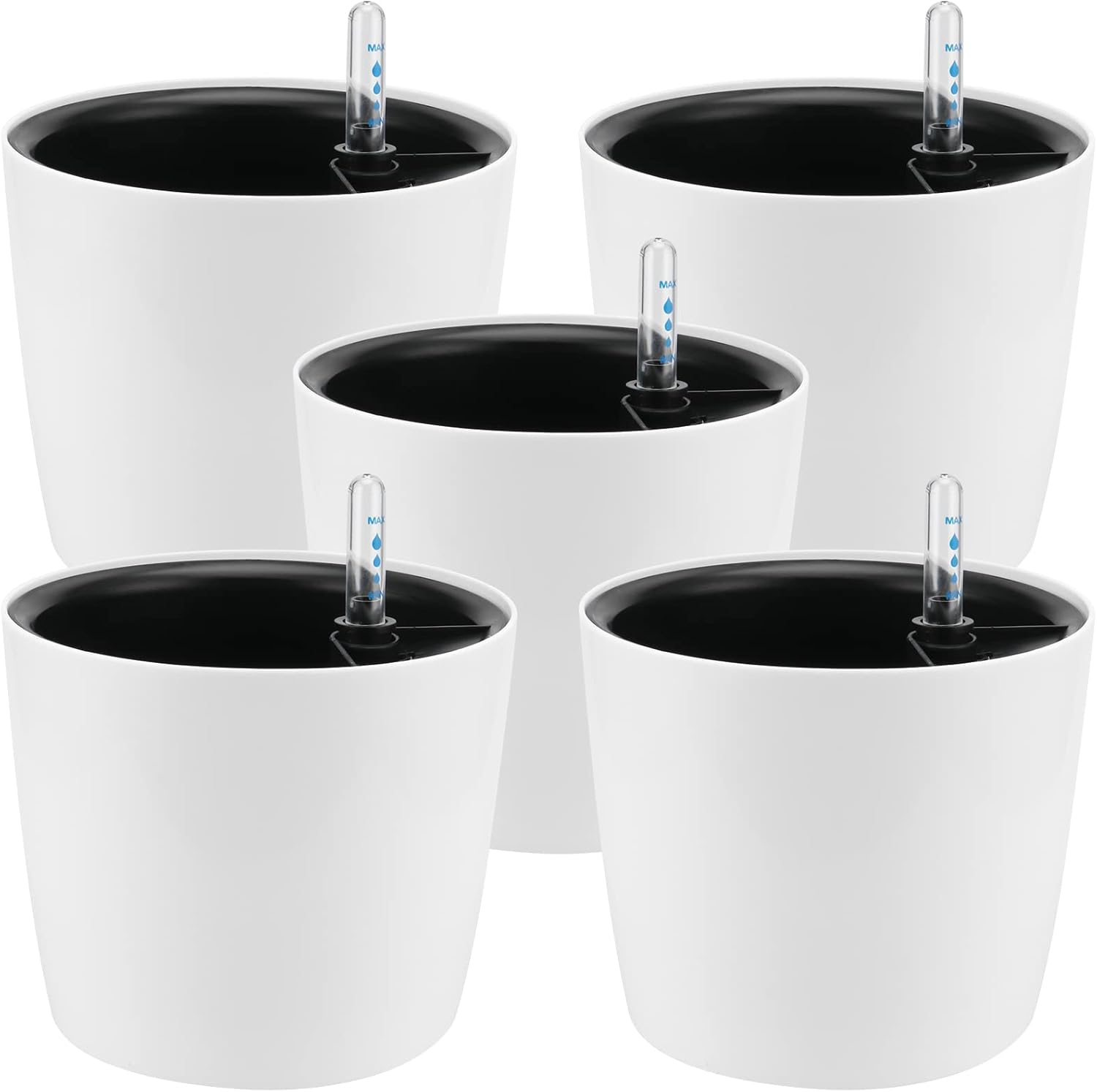 5 Pack 7 Inch Self Watering Planter for Indoor Plants, White Decorative Round Plastic Self Watering Pots with Level Indicators for Soil Planting, Flowers, Herb, African Violet, Succulent