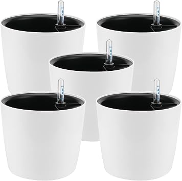 5 Pack 7 Inch Self Watering Planter for Indoor Plants, White Decorative Round Plastic Self Watering Pots with Level Indicators for Soil Planting, Flowers, Herb, African Violet, Succulent