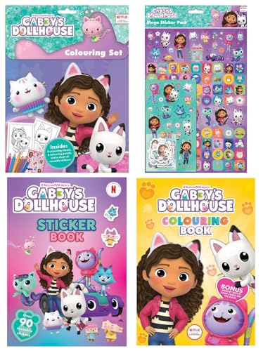 Image of Anila's Gabby's Dollhouse Activity Set with Colouring Set, Stickers, Sticker Book & Colouring Book.