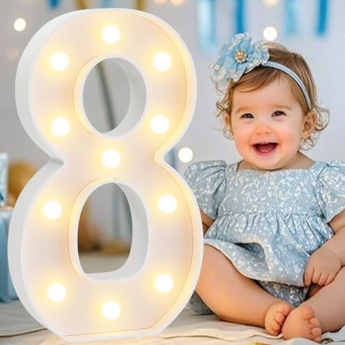 Image of Pooqla Large Light Up Numbers for 8th Birthday Decorations, 12.6 in Tall White Plastic Marquee Numbers Sign Party Decorations, Gift for Girls Boys Night Light Wedding Anniversary Decor, Big Number 8