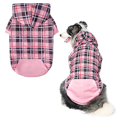 EXPAWLORER Plaid Dog Hoodie - British Style Warm Dog Sweater Shirt with Leash Hole,Pitbull Clothes Outfits,Winter Coat Apparel for All Breeds Puppy Girl Boy-Cat Apparel,Pink M-Large