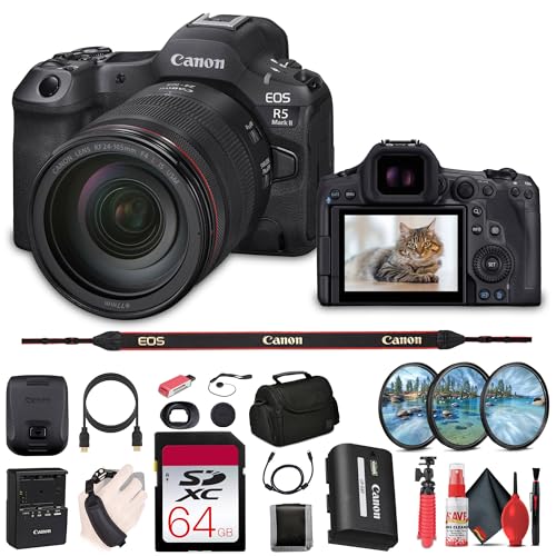 Canon EOS R5 Mark II Mirrorless Camera with 24-105mm f/4 Lens (6536C012) + 64GB Memory Card + Bag + Card Reader + Filter Kit + Flex Tripod + Cleaning Kit + More (Renewed)