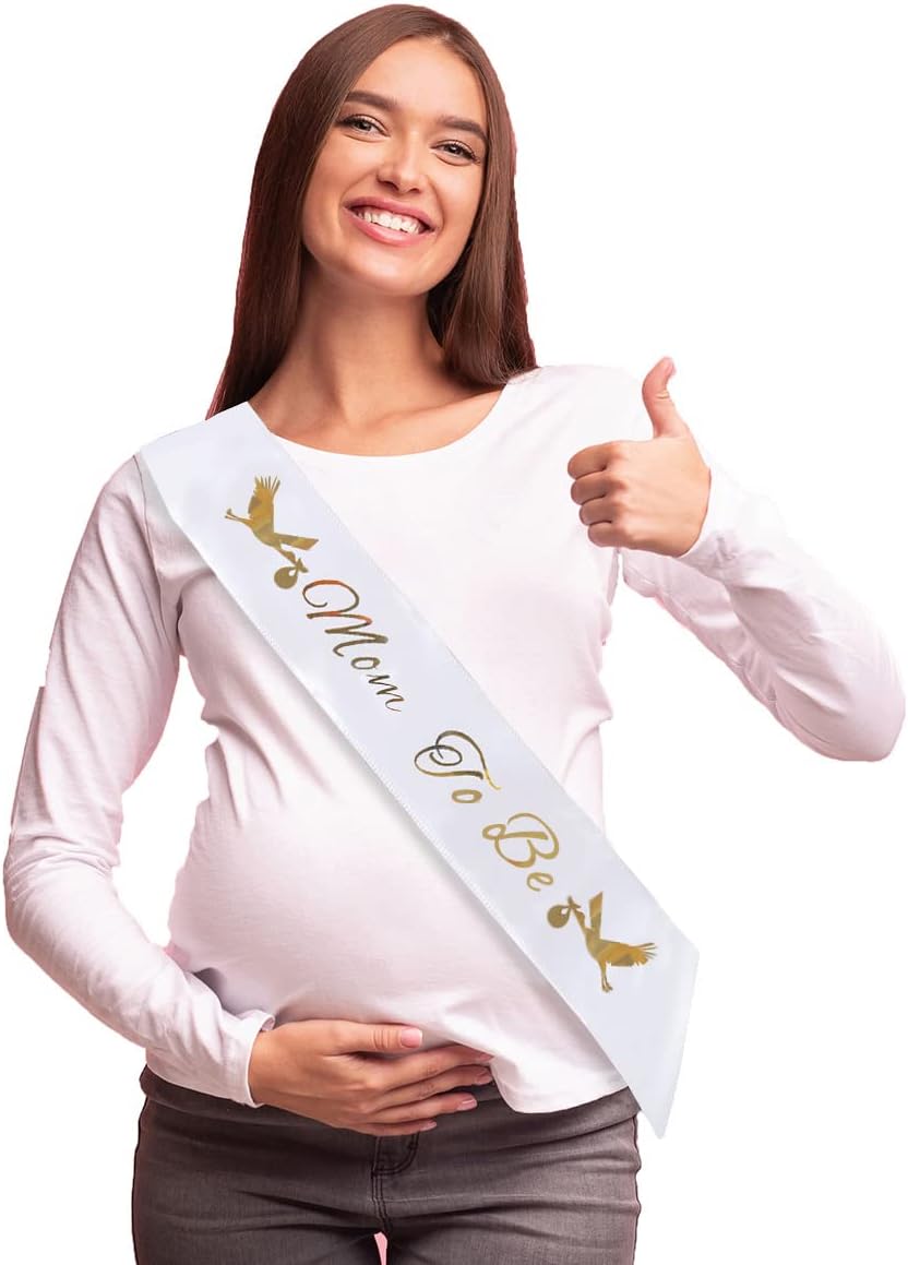 "Mom To Be" & "Dad To Be" Baby Shower Sash Bundle - With Cute Stork Image (White & Gold Lettering) Girl Boy Baby Shower Party Decorations, Gifts, Favors, Mommy Supplies Gender Reveal image 4