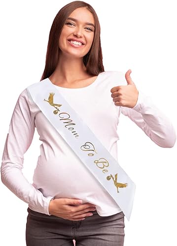 Miniatura 5 de Paquete de bandas para baby shower "Mom To Be" y "Dad To Be", con bonita imagen de cigüeña (letras blancas y doradas), decoraciones de fiesta