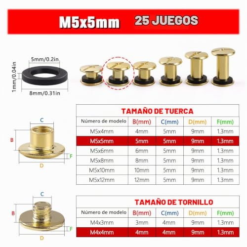 Miniatura 2 de Yixisi 25 Juegos M5x5mm Juego De Tornillos Chicago, Remaches Cuero, Tornillos De Encuadernación De Libros, Para Decoración De Cuero, Dorado