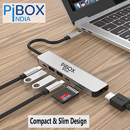 Image of PiBOX India - USB C Hub Dock- 7 in 1 with 4K 30HZ HDCP Compliant, Aluminum Type C Adapter with 4K HDMI Port, USB 3.0 Port, USB-C Power Delivery, TF /SD Card Reader, MacBook /Dell /Samsung USB C Devices