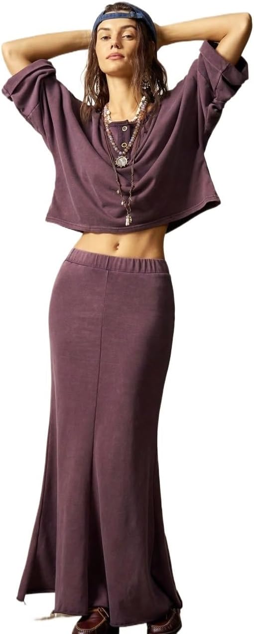 2pcs/Set Women Solid Color Knit Round Neck Loose T-Shirt & Long Skirt