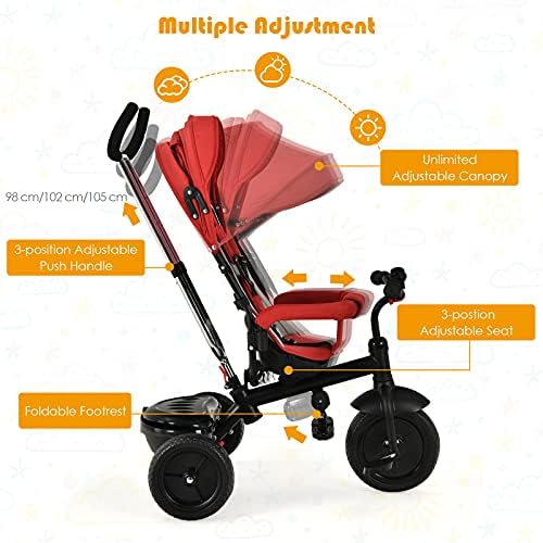 COSTWAY Baby Tricycle, Toddler Stroller Kids First Bike with Adjustable Parent Handle & Seat, Removable Canopy, Foldable Footrest, Bell and Storage Box, Double Brake Push Trike for 1-6 Years Old
