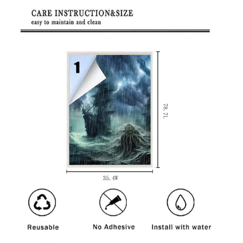 Brebasf Rustic Nautical Pirate Ship Design Window FilmFantasy Nautical Theme Ocean Animals Octopus Pirate Ship Waves Suitable for Living Room,Kitchen,Bathroom-35.4W x78.7L in x1Pcs
