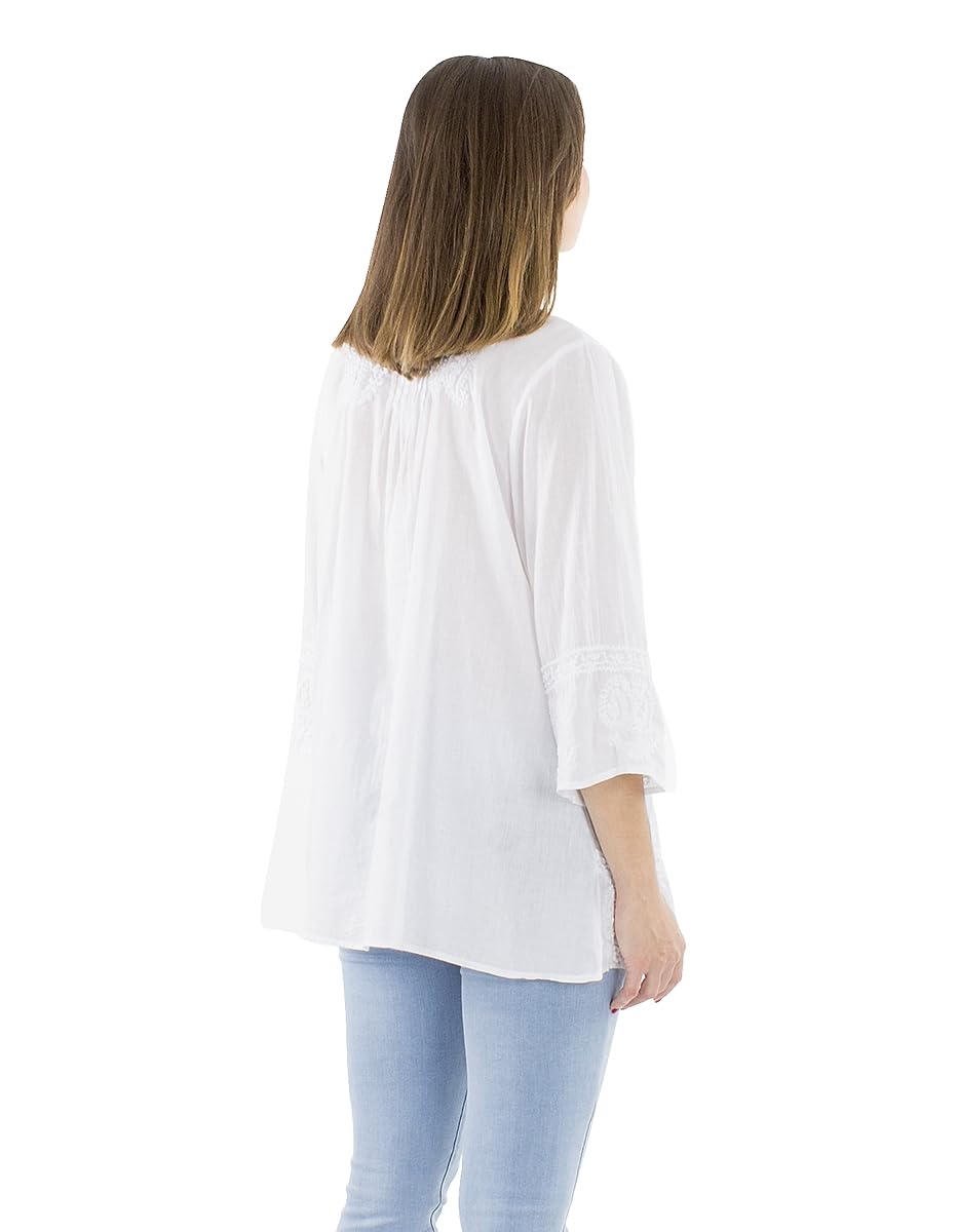Coline - Blouse Femme Brodée Main Manches 3/4 100% Coton Encolure en V