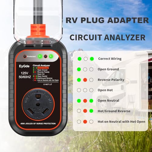 Image of EyGde 15 Amp to 30 Amp RV Adapter with Surge Protector - Upgraded NEMA 5-15P Male to TT-30R Female Plug, 15A to 50A RV Circuit Analyzer Power Protection with Waterproof Cover for 30Amp Camper Trailer