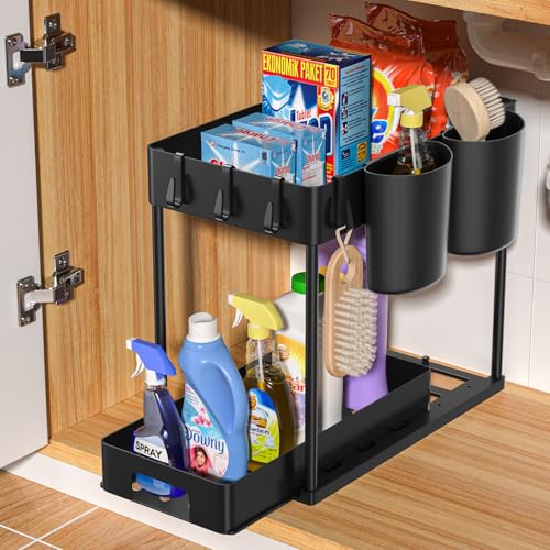Wvasfd Organizador Bajo Fregadero Cocina 2 Niveles,Organizador Cocina con 4 Ganchos y 2 Tazas, Extraíble Estante Almacenamiento Debajo Fregadero para cocina, baño, Negro