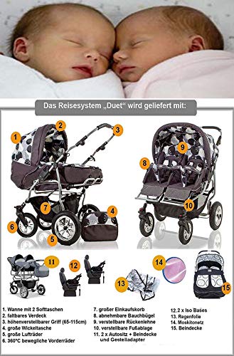 ZWILLINGS- UND GESCHWISTERWAGEN "DUET" : 18 Teiliges Mega-Set inklusive 2 x Autositze + 2 x Iso Base + Adapter in 20 tollen Farben