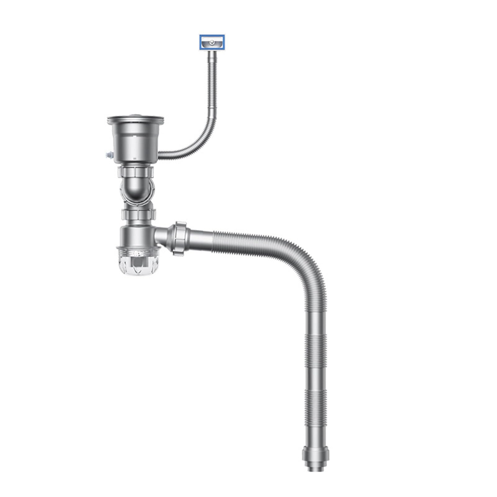 Portable Space Saving Kitchen Sink Drain Set Featuring Clear Backflow Preventer and Flexible Pipe Designs
