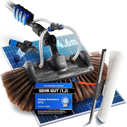 NTG Cepillo de lavado telescópico, 4,6 m, cabezal 3 en 1 con cerdas extrasuaves, paño de microfibra y extractor + conector de agua, set de limpieza para jardín de invierno, sistema de PV, cepillo de