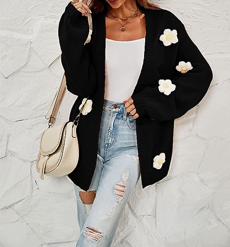 Womens Y2K Cute Cardigan Sweaters Open Front Cropped Flower Knit Jacket Vintage Preppy Aesthetic 90s Clothes Kawaii Sweater (Black,M) — view 2
