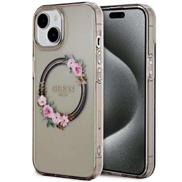 GUESS GUHMP15SHFWFCK Coque pour iPhone 15/14/13 6,1" Noir Coque Rigide IML Fleurs Wreatch