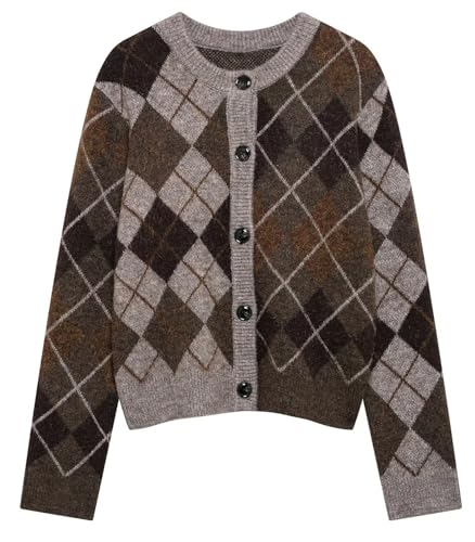Womens Argyle Preppy Cardigan Sweater Casual Long Sleeve Button Down Color Block Knit Cardigan Spring Fall Knitwears