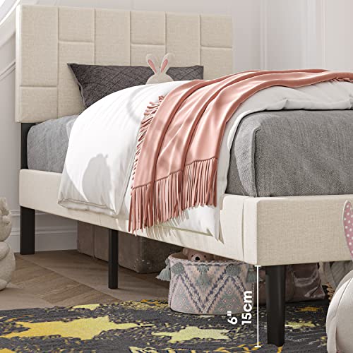 Likimio Twin Platform Bed Frame, Modern Upholstered Bed With Headboard And Wood Slat Support, Noise-Free, No Box Spring Needed, Beige #TOP5