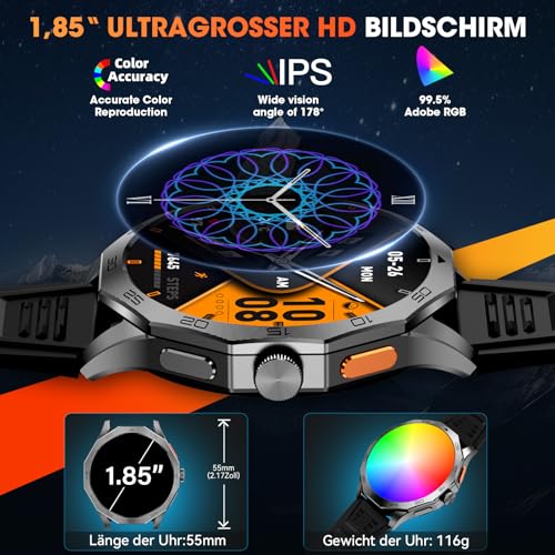 Smartwatch Herren 1,85" HD Ultra Screen Touchscreen 710mAh Akku Smart Watch Herren für Android iOS (Bluetooth Anrufannahme/Anrufe) Fitness-Tracker mit 100+ Sportarten – Bild 3
