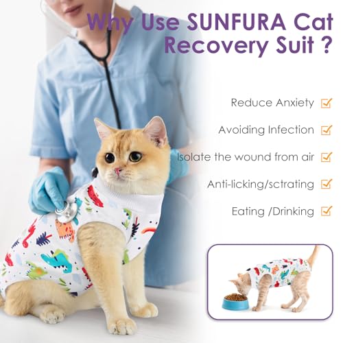 Image of SUNFURA Cat Recovery Suit, Kitten Surgical Full Bodysuit for Abdominal Wound Protector Anti Licking After Surgery, Professional Bandages Cone E-Collar Alternative for Small Male & Female Pets