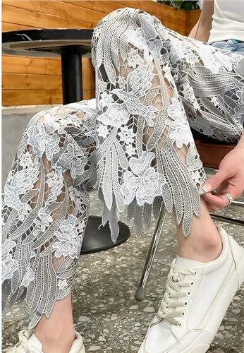 Women's Summer Lace Hollow Patchwork Ripped High Waisted Jeans Casual Vintage Baggy Straight Wide Leg Denim Pants3