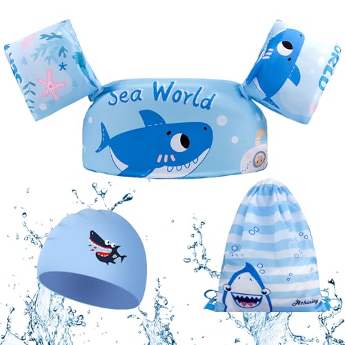 WuGU Chaleco Flotante Natación para Niños, Chaleco Flotador de Natación Niños, Manguitos de Natación Infantil con Gorro de Natación, Chaleco de Natación para Niños Niñas 2-6 Años(14-25kg)-Azul