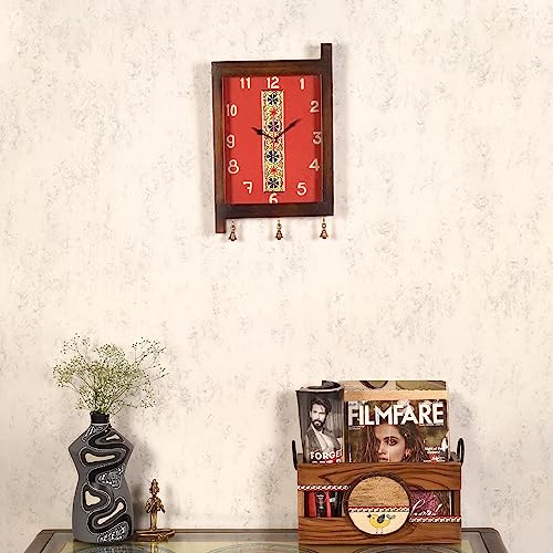 Image of AAKRITI ART CREATIONS Timeless Treasures Wall Clock Brown | Wall Clock for Home, Home Decoration | Floral Art Wall Hanging Wall Clock, Lightweight Teak Wood wall Decor | Glossy Finish