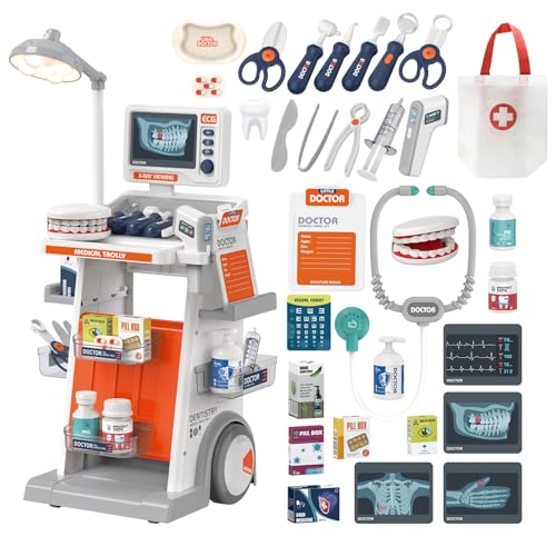 RedCrab Doctor Kit for Kids 33PCS Kids Doctors Play Set with Medical Cart Stethoscope Thermometer and Syringe Dentist Doctor Role Play Toy Gift for Girls Boys 3 4 5 6 7 8+