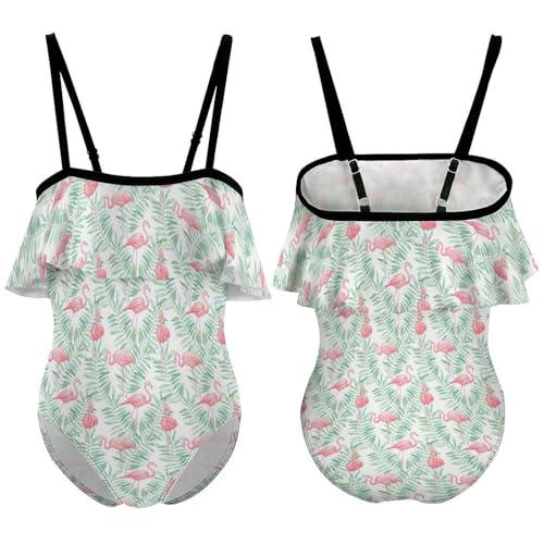 Flamingo and Tropical Leaves Girls One-Piece Swimsuits Beach Bathing Suits Adjustable Swimwear for 6-12 Years3