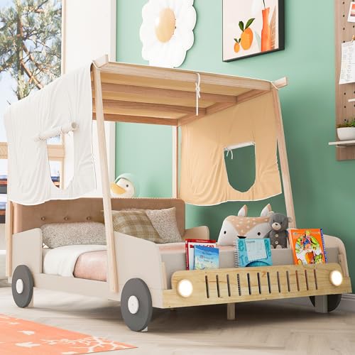 VeroFree Wood Full Size Car Bed with Led Lights Ceiling Canopy – Natural Finish for Kids'Bedroom, Includes Pillow for Comfort – Durable Fun Design