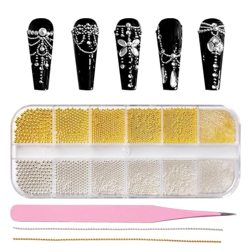 Kits de Decoración para Uñas Medias Redondas, JOOTUEPO Cuentas de caviar para uñas, Encantos de Uñas Bola de Acero, Parte Posterior Plana / con Pinzas / para Nail / Facial / DIY / Manualidades