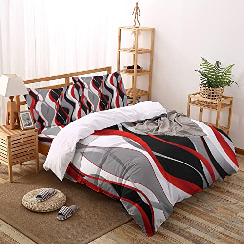 California King Duvet Cover Set - Red Black Grey 4 Pcs Comforter Cover Set, White Moire Geometric Bedding Sets With Zipper Closure, Modern Abstract Microfiber Bed Sheet Soft Quilt Cover 2 Pillow Shams #TOP19