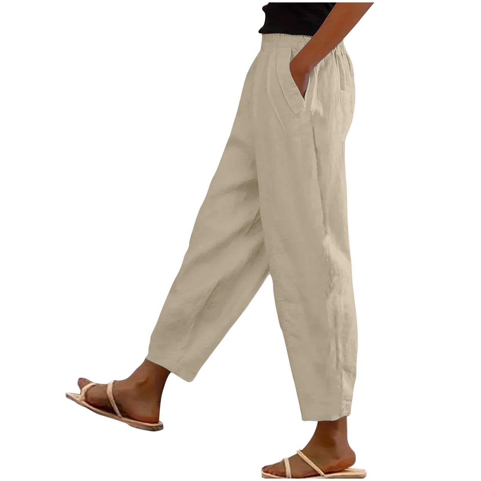 Beach Long Pants for Women High Waisted Elastic Casual Pant Casual Loose Lightweight Wide Leg Trousers with Pockets Beige