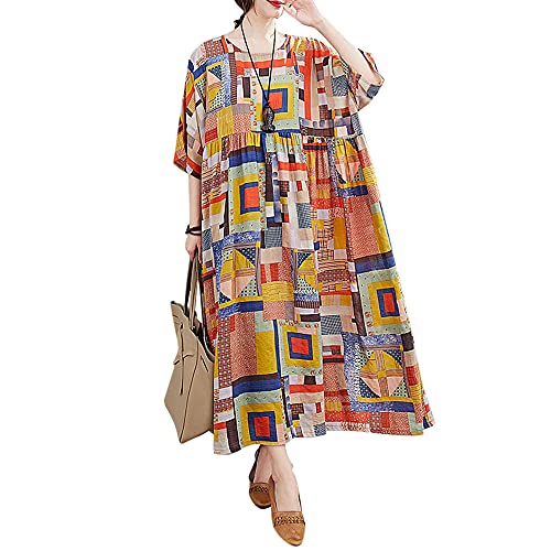 Versear Women Cotton Linen Dress Casual Loose Bohemian Floral Maxi Dress with Pockets