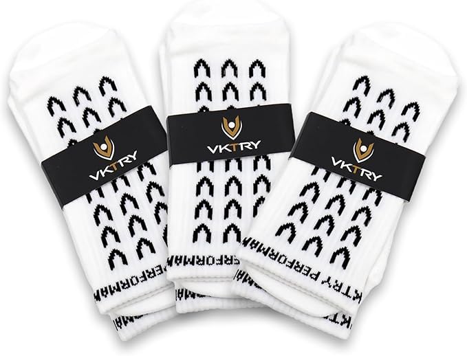 VKTRY Athletic Grip Socks - Anti Slip Sport Mid Calf - For Cleats & Sneakers | Soccer, Football, Basketball, Yoga & More, 3pk3
