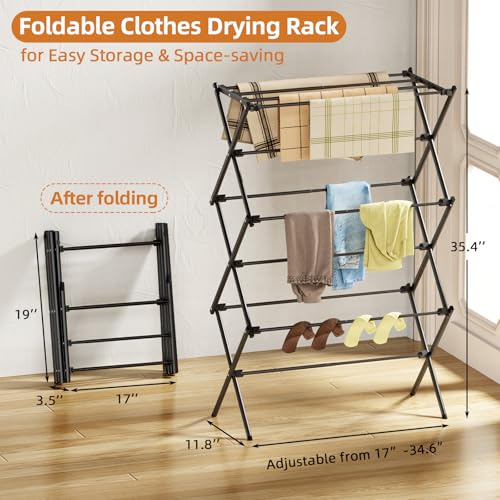 Drying Rack Clothing, 3-Tier Clothes Drying Rack Foldable, Antirust Laundry Drying Rack Collapsible Use for Indoor & Outdoor, 11.8" D x 34.6" W x 35.4" H, Black - Image 3